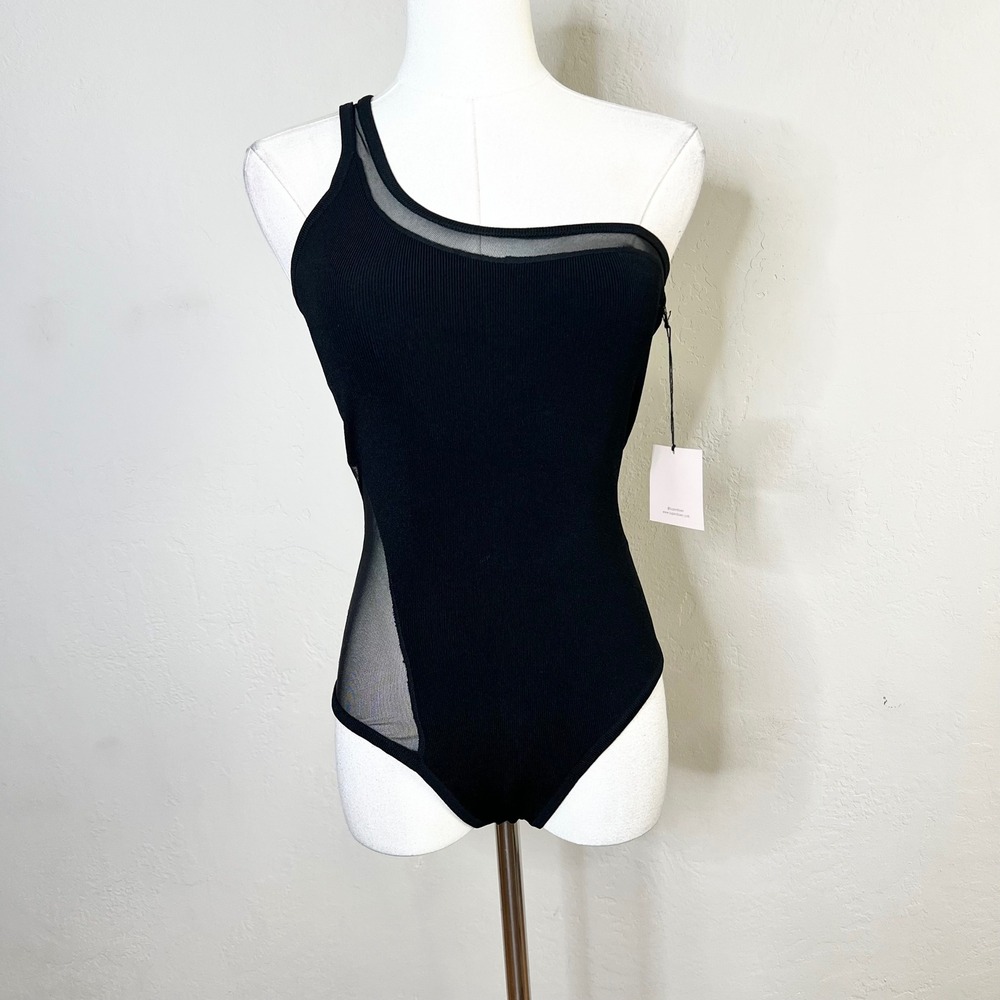 Superdown Bodysuit Karen One‎ Shoulder Mesh Trim Medium Black Ribbed Knit New